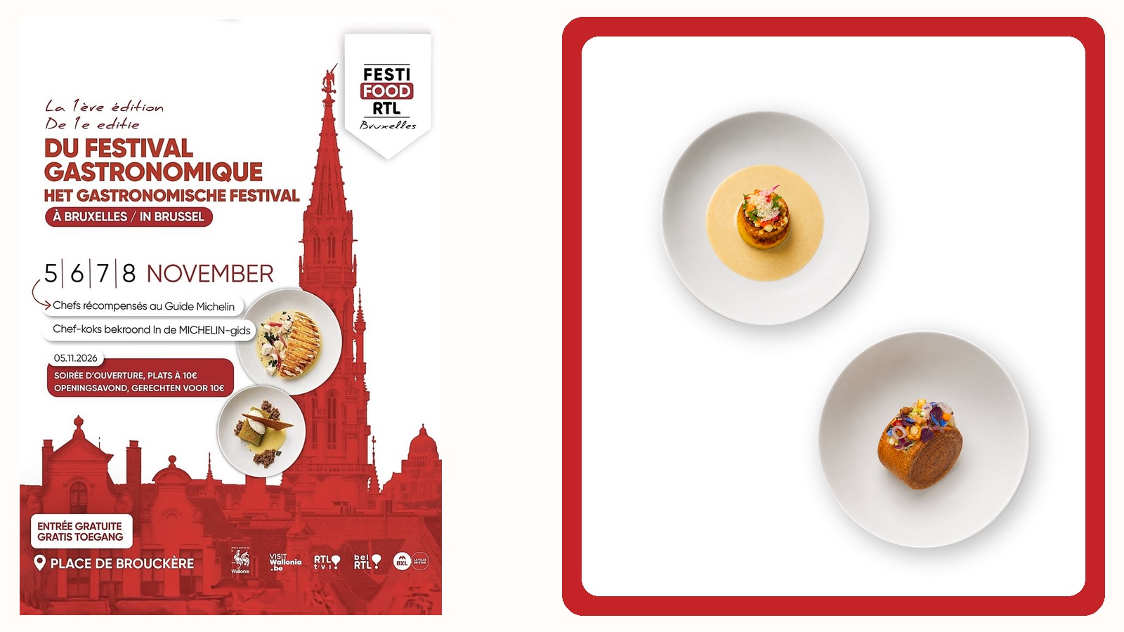 Montage BXL Positive à partir de l’affiche et de visuels culinaires officiels Festifood RTL. Affiche officielle du Festifood RTL Bruxelles 2026 accompagnée de deux assiettes présentées au festival