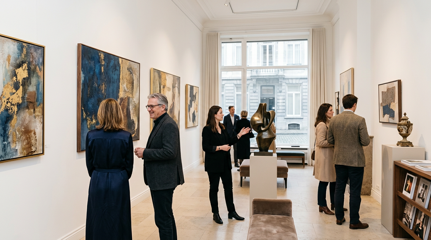 Bright gallery illustration bringing together ancient art, glass, jewellery and contemporary creation for Brussels Art Square