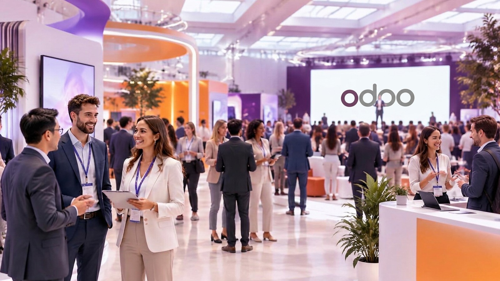 Odoo Experience 2026: de grootste techbeurs van België opent op de Heizel Lichte beurshal met glimlachende bezoekers en een podium op de achtergrond